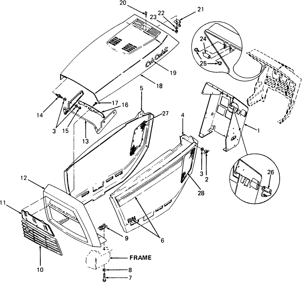 Hood And Grille Diagram and Parts List for 1861 821060-836000-140671100-142663100 Cub Cadet Lawn Tractor